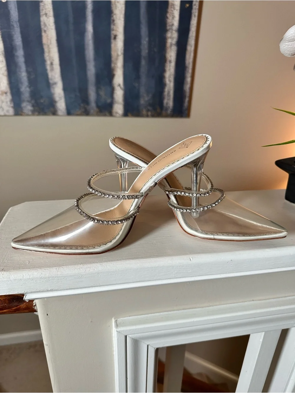 ANTONIO MELANI Nude Clear Rhinestone Strap Stiletto Mules